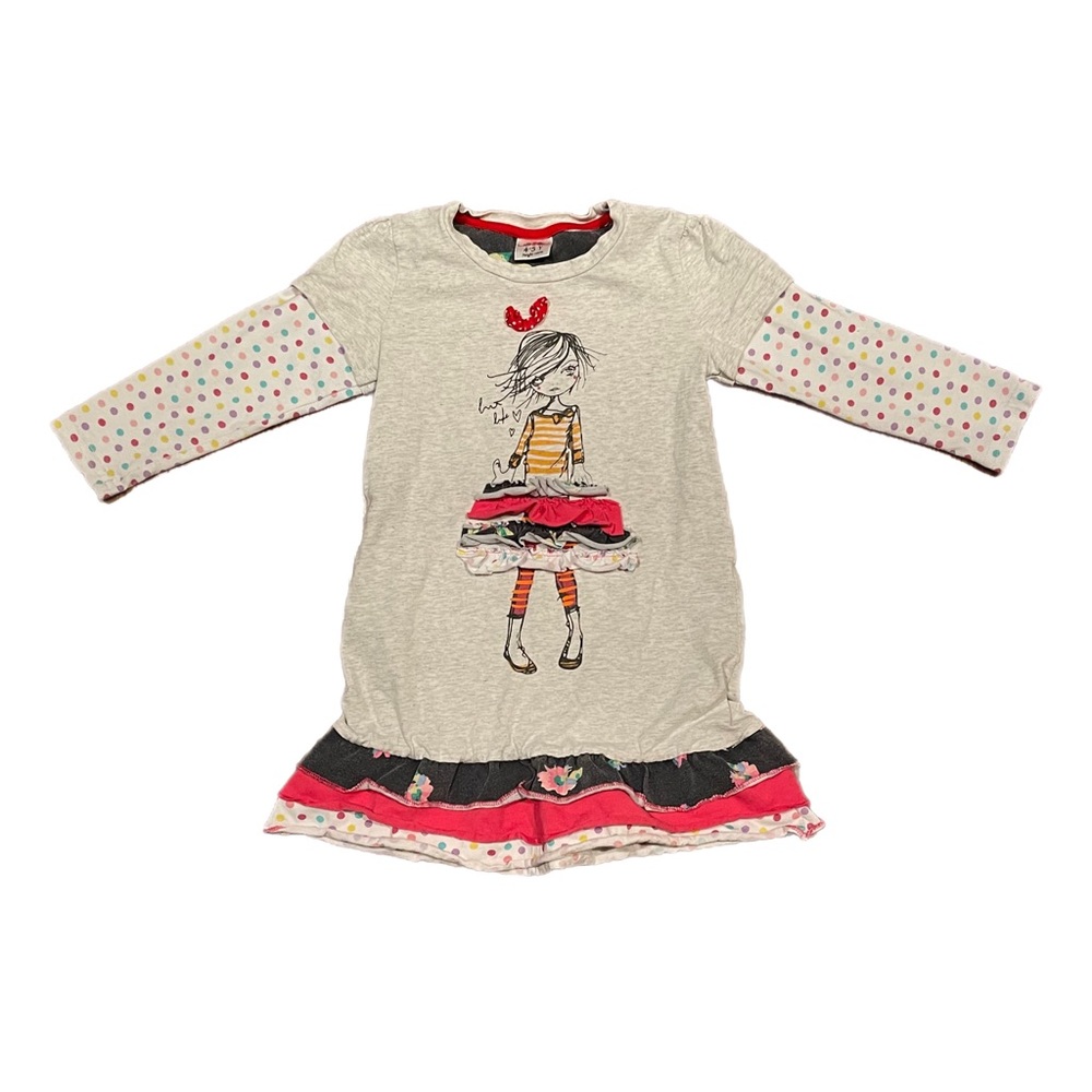 Girls Long Sleeved Dress, Doll on the front, polkadot long sleeves & ruffles 4T